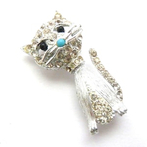 Vintage Rhinestone Set Kitsch Cat Design Statement Brooch, 60s 70s Jewellery