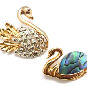 Two Vintage Swan Bird Brooches, Abalone Shell And Faux Marcasite Design, 80s 90s Jewellery