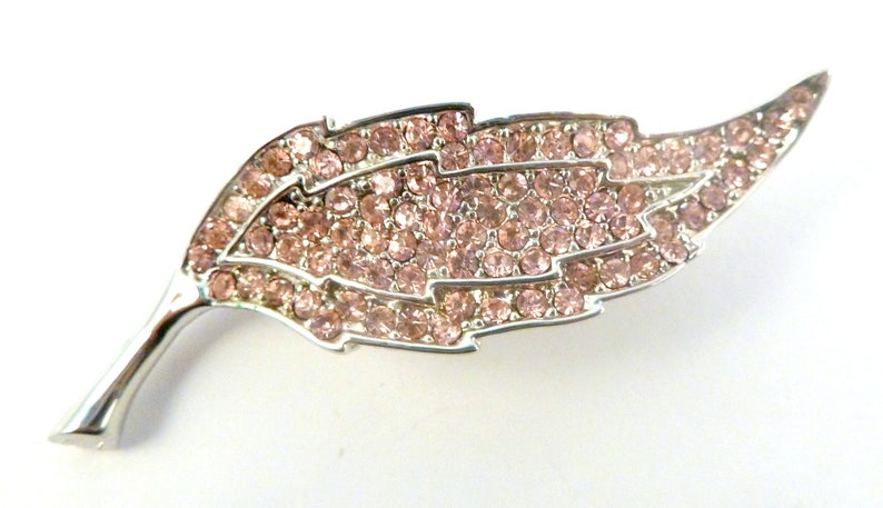 Set Of Two Pink And White Rhinestone Leaf Style Brooches. Statement Vintage Rhinestone Leaf Pins