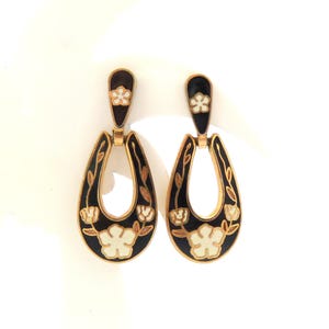 Vintage Small Black And White Cloisonne Enamel Floral Drop Design Earrings By Fish And Crown Fine Enamels, 80s 90s Jewellery