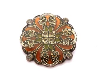 Broche Vintage Pierre Bex - Style Art Déco, émail Et Strass - Occasion Portée