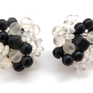 Vintage Black, Frosted And Clear Glass Beaded  Retro Cluster Design Clip On Earrings, 80s Jewellery