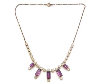 Vintage Amethyst Purple And Clear Rhinestone Set Art Deco Style Choker Necklace, 50s Jewellery.