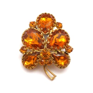 Vintage Amber Rhinestone Set Leaf Statement Design Brooch, 50s Jewellery.