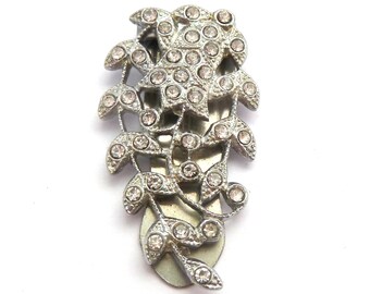 Vintage Small Rhinestone Art Deco Era Flower And Leaf Design Dress Clip, 30s 40s Jewellery