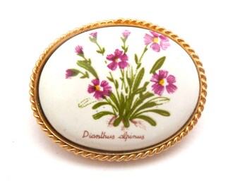 Broche de flores vintage, cerámica pintada a mano Dionthus Alpinus, pin de diseño de flores alpinas de los años 80.