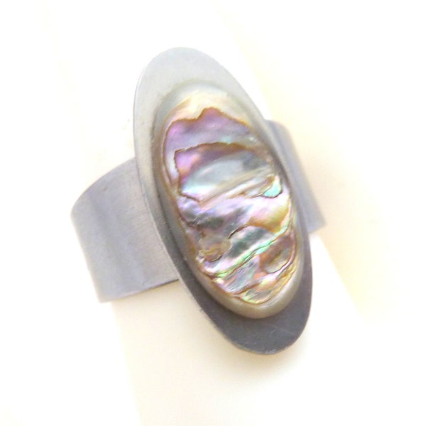 Vintage Stainless Steel And Abalone Shell Ring With Adjustable Size Band, 70s Jewellery