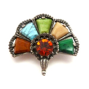 Vintage Faux Gemstone Set Fan Design Brooch By Miracle, 60s 70s Jewellery