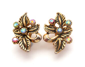 Vintage Aurora Borealis Rhinestone Set Leaf Design Clip On Earrings, 60s 70s Jewellery.