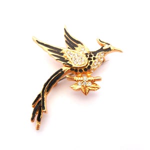 Vintage Small Rhinestone Detailed Bird Of Paradise Design Brooch, 80s 90s Jewellery