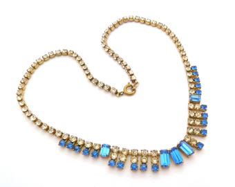 Vintage Blau und klar Strass Set Geometrische Halskette, 50er Jahre Schmuck