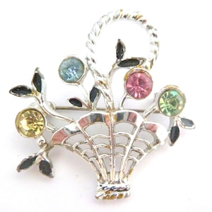 Vintage Flower Basket Design Fruit Salad Rhinestone Detailed Brooch,  50s Jewellery.