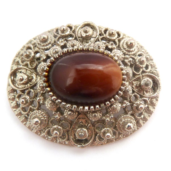 Vintage Brooch Large Ornate Toffee Cabochon Set  30s Revival Style Pin, 80s 90s Jewellery