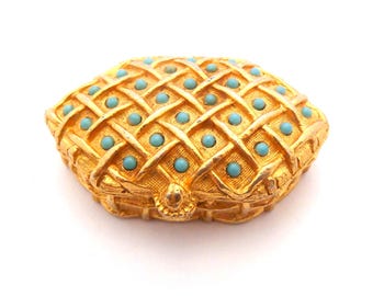 Vintage Faux Turquoise And Gold Tone Metal Solid Scent Perfume Compact, Germaine Monteil Royal Secret.
