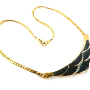 Vintage Necklace, Monet Black Enamel Short Collar With A Herringbone Chain, 80s Jewellery.
