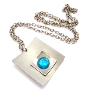 Vintage Steel Necklace: Modernist Blue Glass Pendant, 70s Jewelry