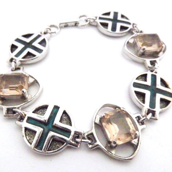 Vintage Scottish Style Cross And Faux Citrine Gemstone Set Panel Design Bracelet