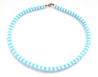 Vintage Necklace, Blue And White Glass Beaded Choker, 40s 50s Jewellery