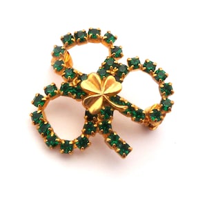 Vintage Small Green Rhinestone Set Shamrock Design Irish Style Brooch, 50s 60s Jewellery.