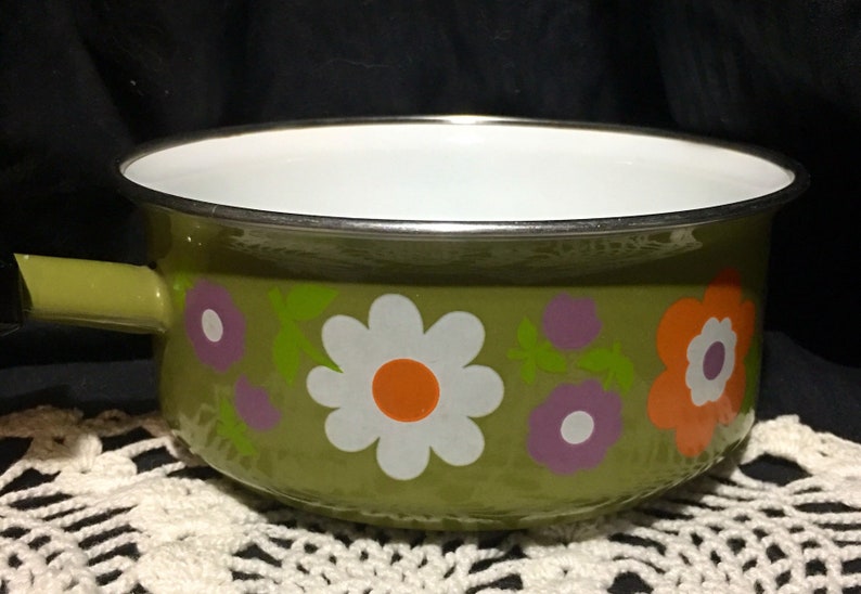 avocado green retro flowers sauce pan pot purple white orange mid century mod cookware enamelware Vintage Enamel Saucepan