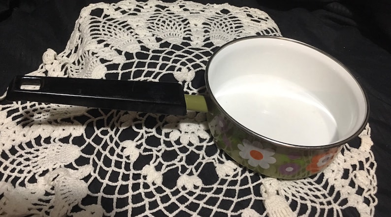 avocado green retro flowers sauce pan pot purple white orange mid century mod cookware enamelware Vintage Enamel Saucepan