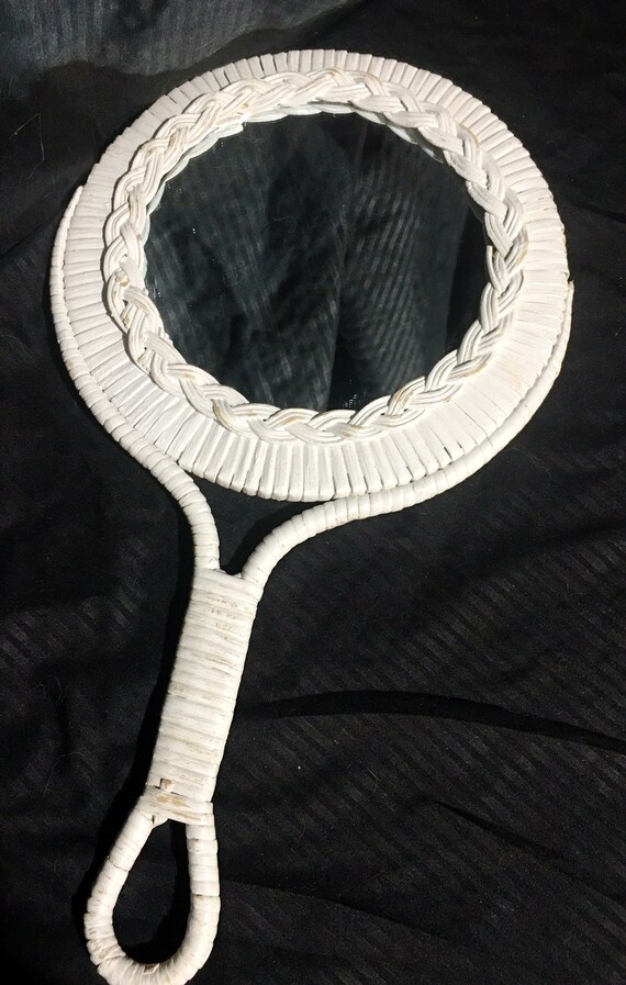 Vintage Wicker Hand Mirror Double Sided Magnifying White Vintage Wicker Hand Mirror Double Sided