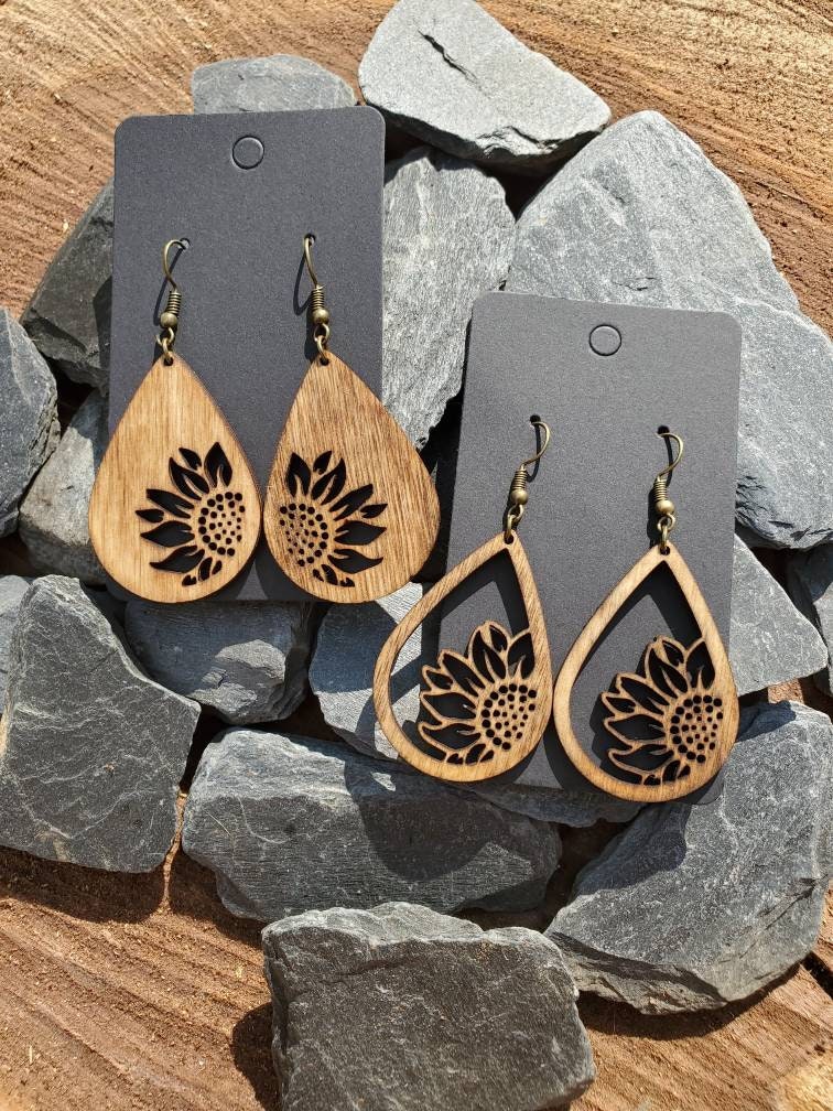 Wooden sunflower dangle earrings. Teardrop