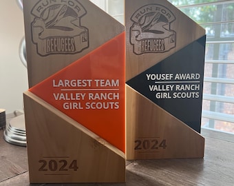 Acrylic and Wood Trophy .  Laser Engraved .  Hand Finished . Awards .