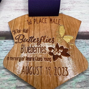 Custom Design . Wood Medal . 5K .  Awards . Painted Butterfly