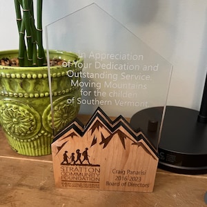 Acrylic and Wood Trophy .  Laser Engraved .  Mountain Design .