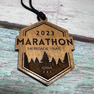 Custom Design .  Marathon . Wood Medal . Laser Engraved  .  Hand Finished .
