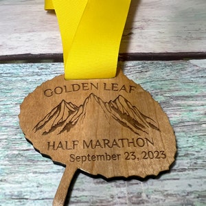 Custom Design . Wood Medal .  Half Marathon . Laser Engraved . Hand Finished . Awards .
