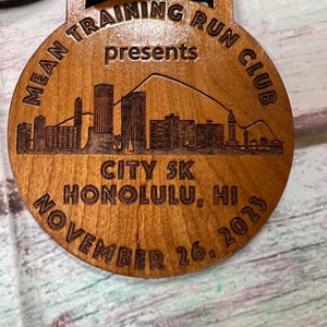 Custom Design . Wood Medal .  5K . Laser Engraved . Hand Finished . Awards .