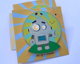 The Happy Robot - 45mm Hard Enamel Pin Badge - Lapel Pin - Cute Pin - Sunshine Robot