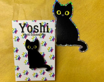 Yoshi - Black Cat - 45mm Hard Enamel Pin Badge - Lapel Pin - Cute Pin - Cat Pins