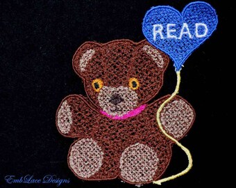 Teddy Bear with Blue "Read" Balloon Bookmark made in FSL Embroidered Lace