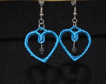Arctic Blue Hearts Diffuser Earrings, aroma therapy, machine embroidered, lava bead, cobalt, icy blue, frosty, aqua, azul, emeraldsafire