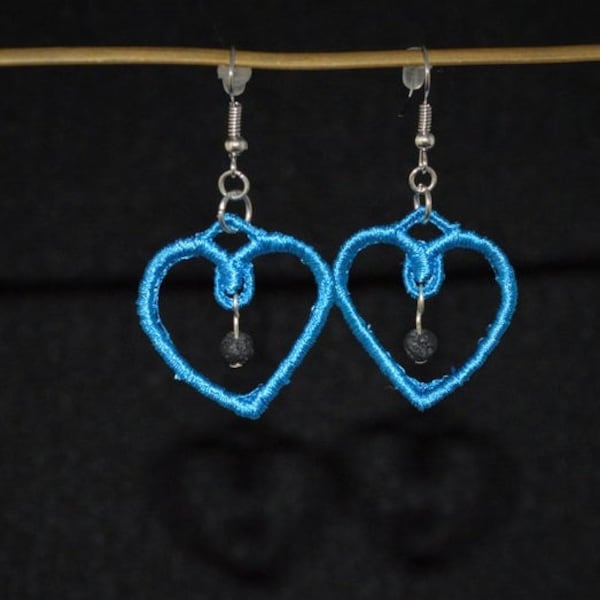 Arctic Blue Hearts Diffuser Earrings, aroma therapy, machine embroidered, lava bead, cobalt, icy blue, frosty, aqua, azul, emeraldsafire