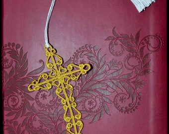 Gold Cross Bookmark, Vine FSL Design, Embroidered Religious Gift