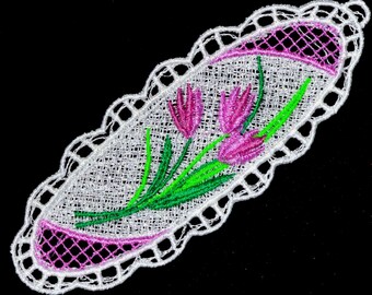 Embroidered Purple Tulip Bookmark, Free Standing Lace