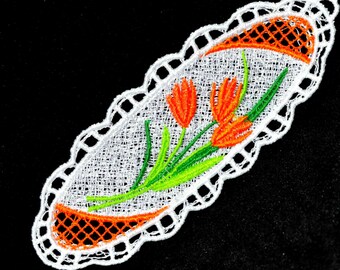 Orange Tulip Bookmark, Embroidered Free Standing Lace