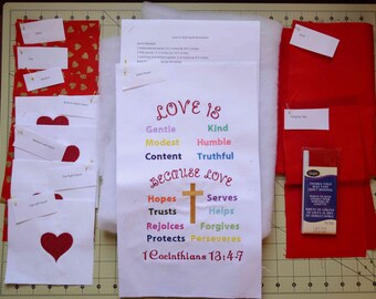 LOVE IS Quilt Kit Red with Gold Hearts. Bible verse 1 Corinthians 13:4-7. Make Your Own Quilt Kit. Christian wall art Easter decor.