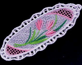 Pink Tulip Lace Bookmark, Embroidered Floral Reader Gift