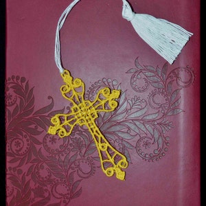 Yellow Crown Cross FSL Bookmark with Tassel. Gift for pastor, minister, librarian, teacher, grandparent, or avid reader. Easter. Graduation. image 1