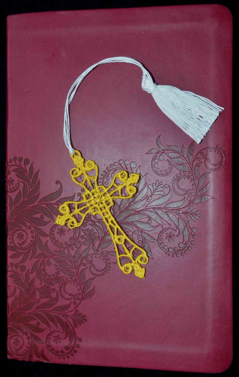 Yellow Crown Cross FSL Bookmark with Tassel. Gift for pastor, minister, librarian, teacher, grandparent, or avid reader. Easter. Graduation. image 1