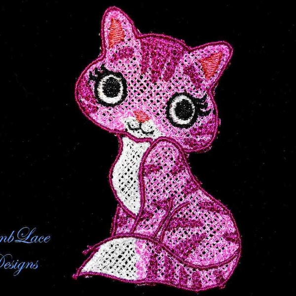 Digitale Stickmuster FSL Purple Kitty 4 "x 4" Hoop. FSL violett Tabbykatze Lesezeichen. Lehrer, Bibliothekar, Eltern, Großeltern, Teen Geschenk.