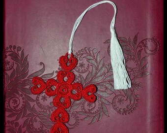 Red Heart Embroidered Cross Bookmark, FSL Ornament
