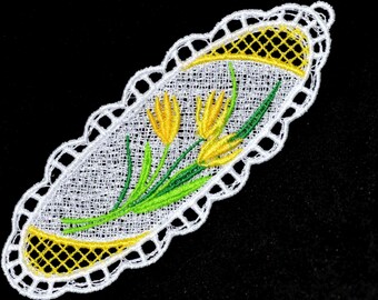 Yellow Tulip Bookmark, Embroidered Lace Flower