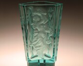 Bohemian Czech Art Deco Turquoise Uranium Cut Glass Vase Nude Dancing Girls by Schlevogt - Ingrid line