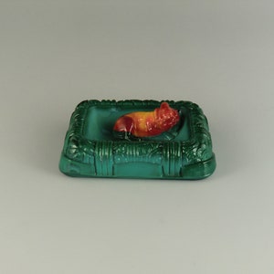 TOP RARE Bohemian Czech Art Deco Malachite Jade  Glass Bowl Tray Ashtray with Orange Red Dog French Bulldog Schlevogt Ingrid